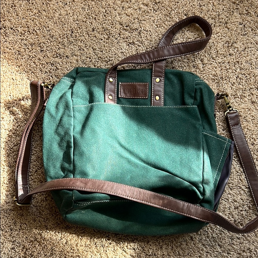 Green Canvas Tote Bag with Brown Straps